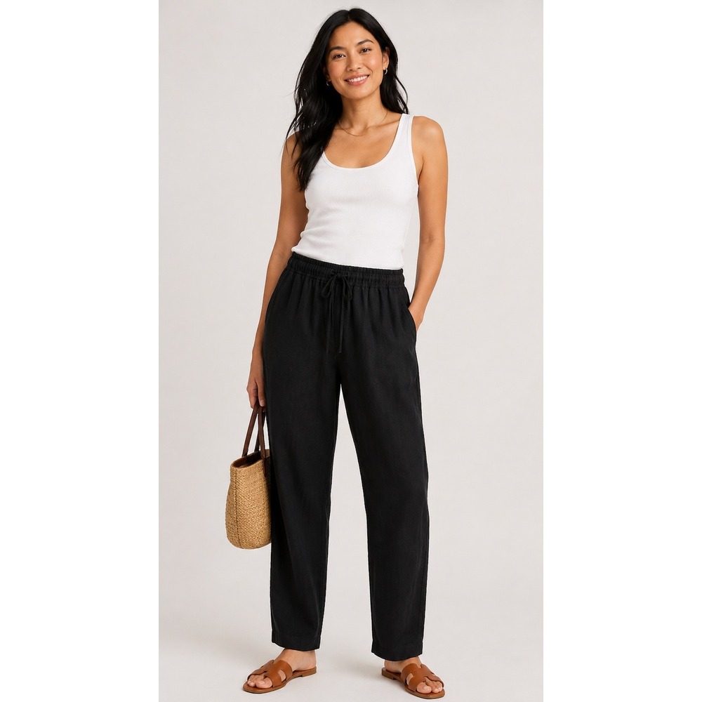 A New Day Tapered Ankle Pants Black Linen Blend Elastic Waist Womens XS